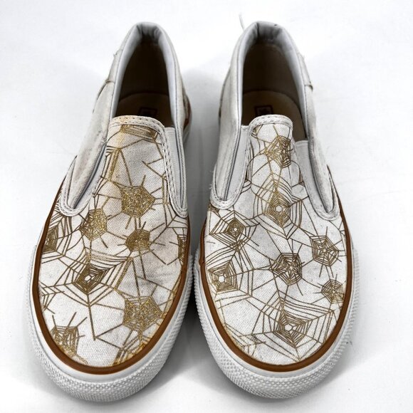 Converse Slip-On Low‎ Top Sneakers White Gold Spider Web Size 8 Halloween Goth - Picture 3 of 7